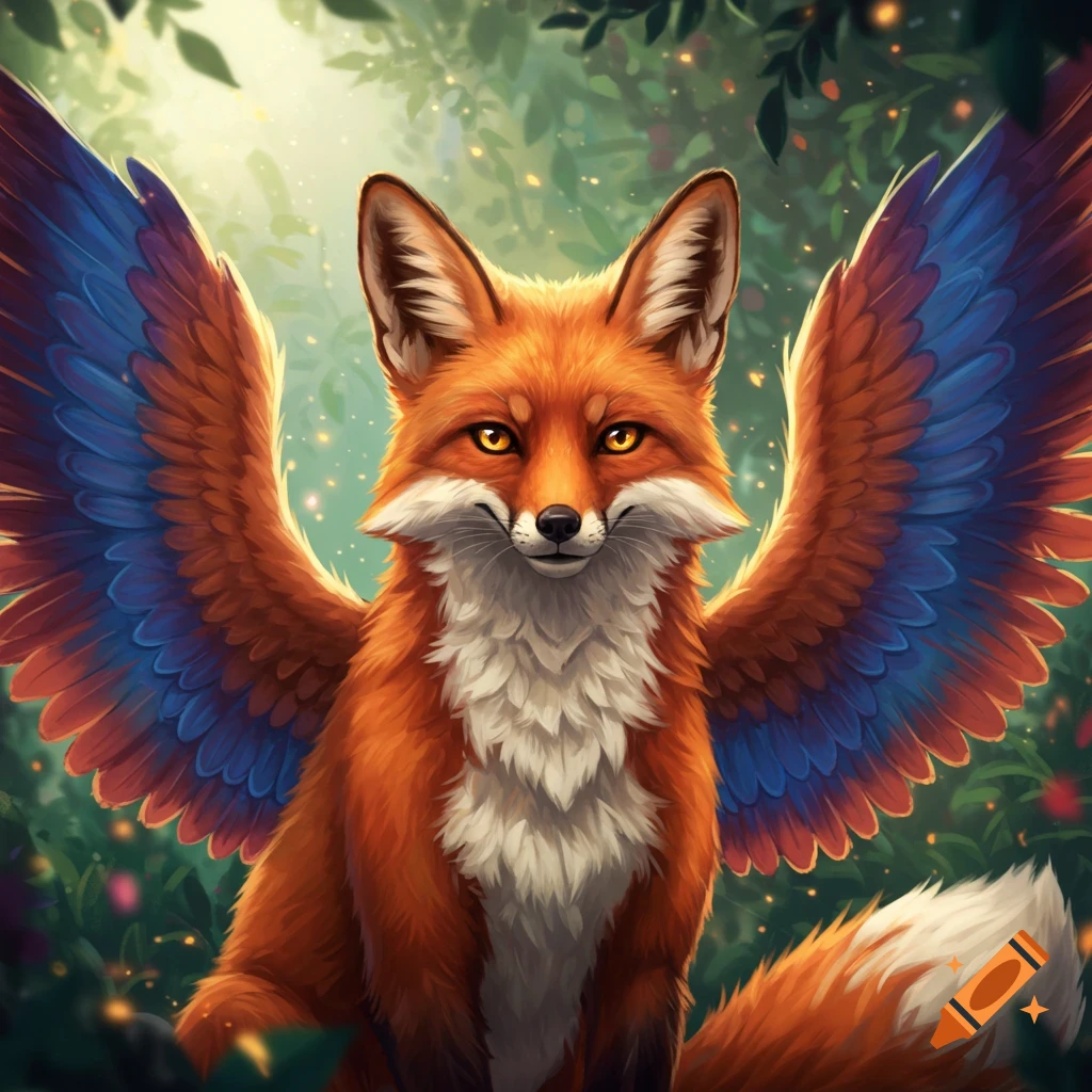A winged red fox sitting in a magical forest