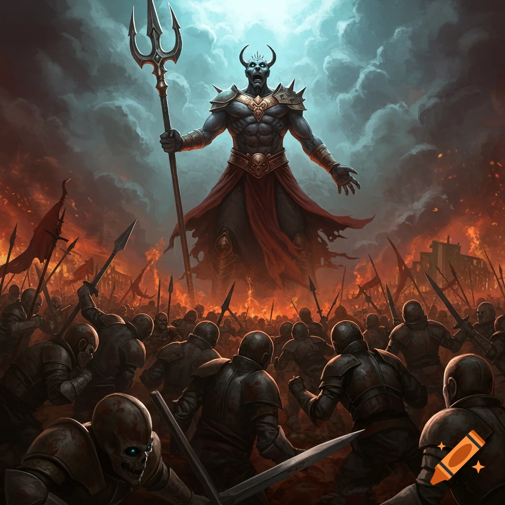 A large demon with a trident looms over a fiery battlefield filled with soldiers.