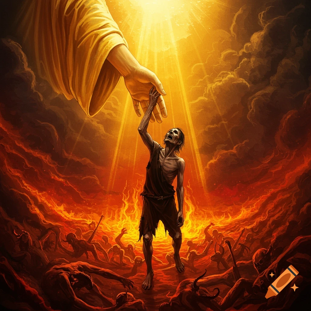 A gaunt figure reaching from the fiery depths towards a hand reaching down from bright light.