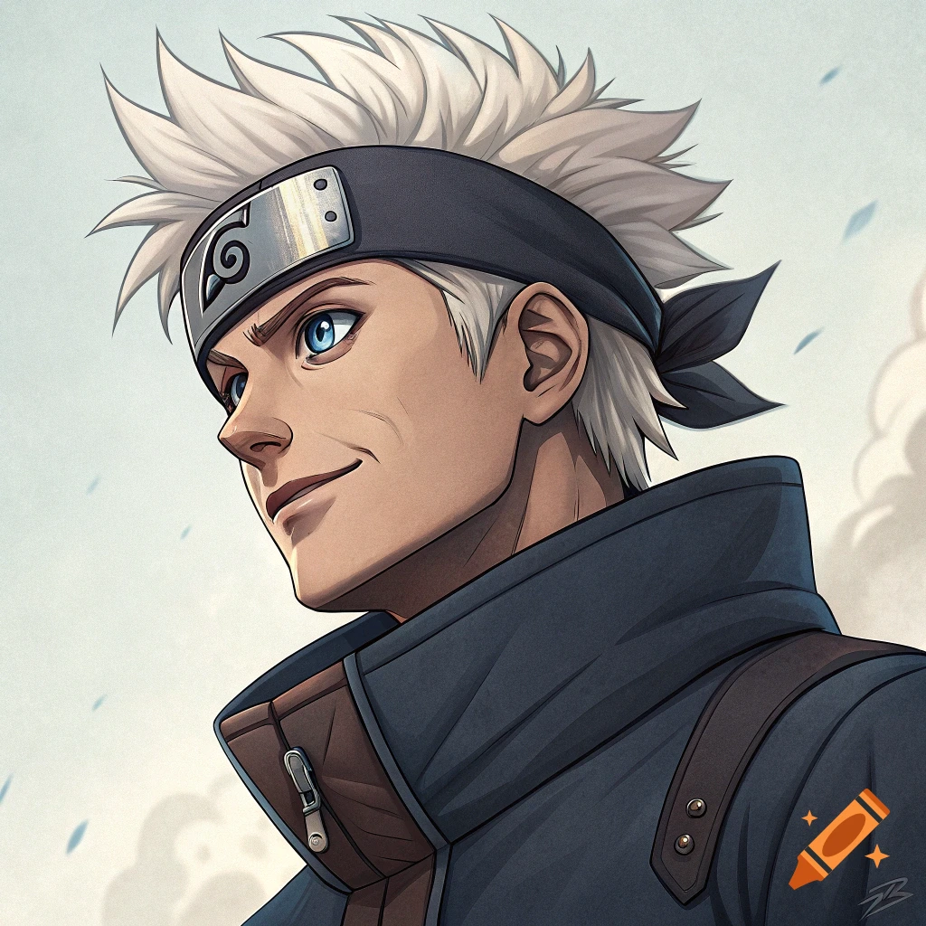 Portrait of an anime character with white hair, blue eyes, and a head protector.