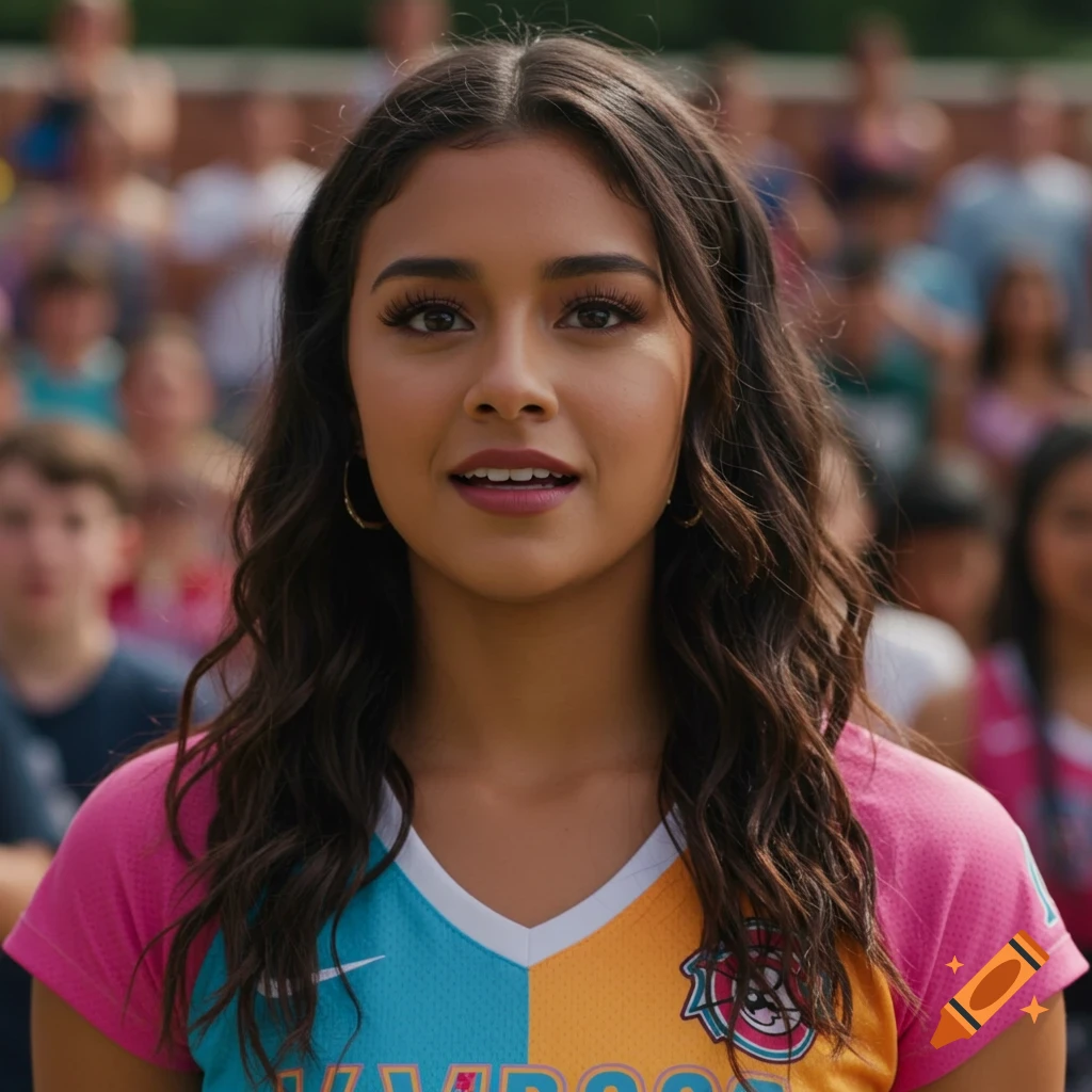 Young woman in pink, blue, and orange sports jersey smiling in front of a blurred crowd.