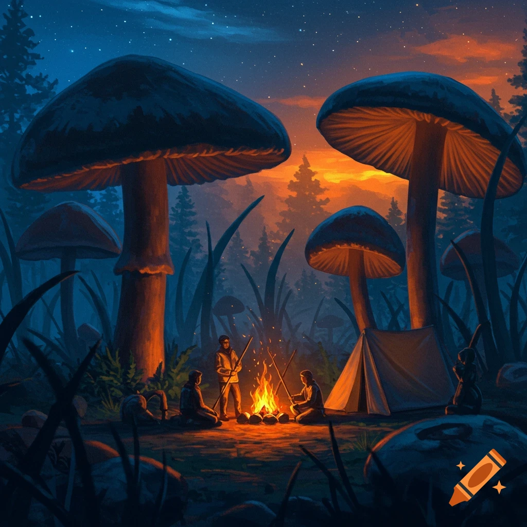 People camping by a fire among giant mushrooms and grass at night, stylized painting