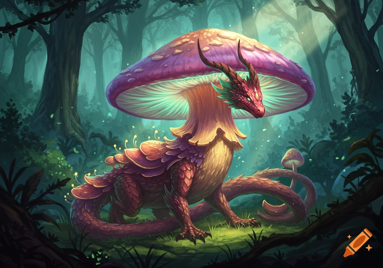 A red and purple mushroom dragon creature stands in a mossy forest.