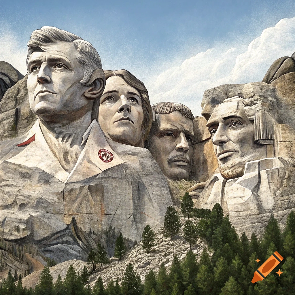 Mount Rushmore carved with faces resembling four men, wearing stone shirts, with trees foreground.