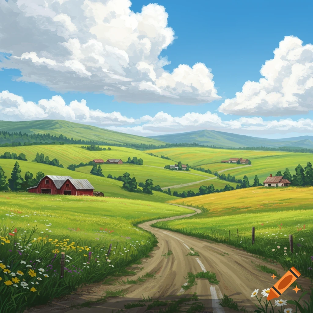 A dirt road winding through green rolling hills with farms under a cloudy blue sky.
