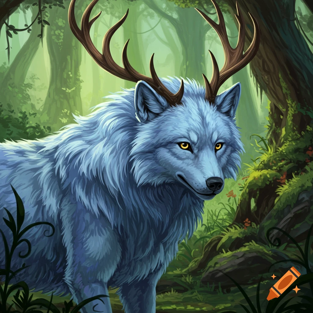 A sky blue wolf with antlers stands in a forest.