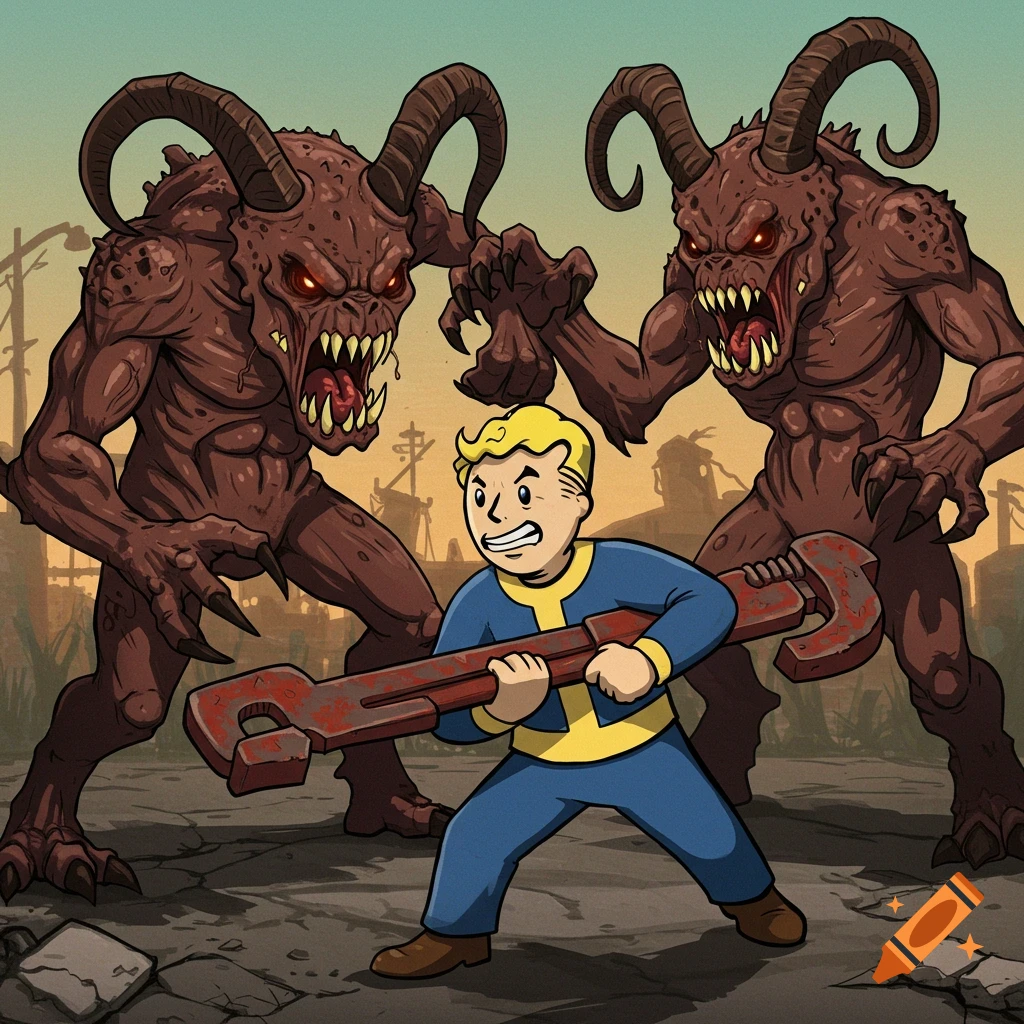 Vault Boy fights two Deathclaws with a large wrench in a post-apocalyptic wasteland.