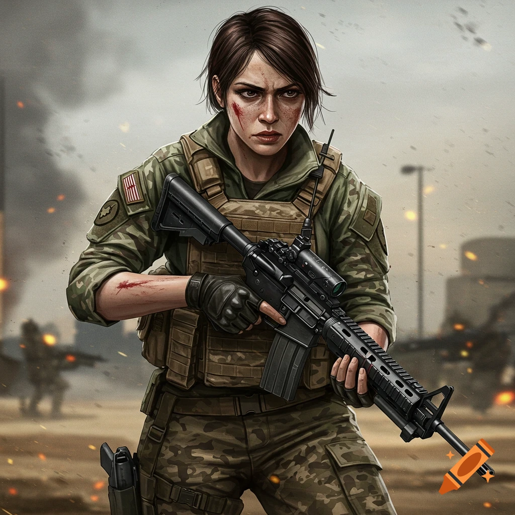 Painting of a determined woman soldier with blood on her face and arm, holding a rifle