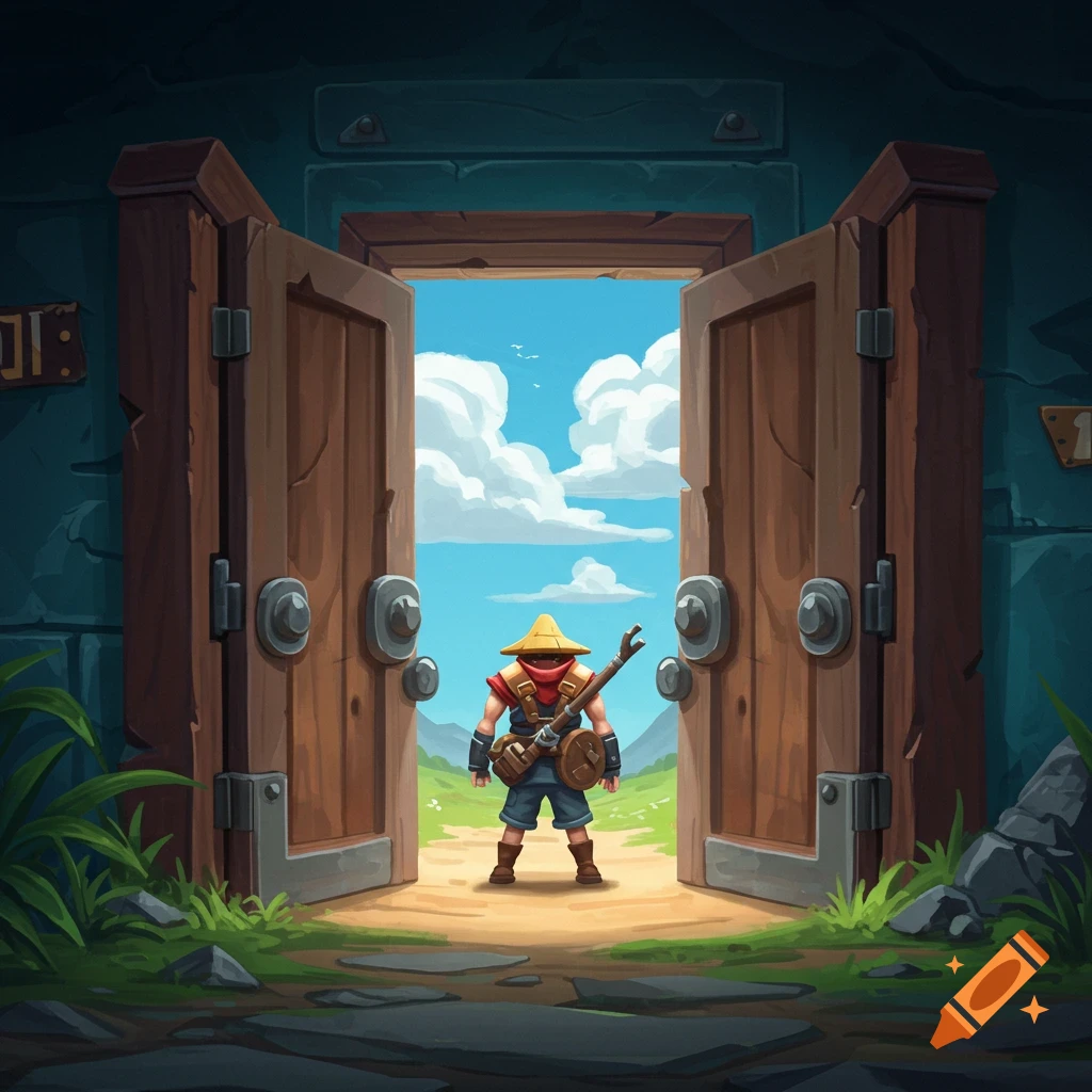 Stylized image of a small character with a straw hat standing in a doorway, looking out at a bright landscape.