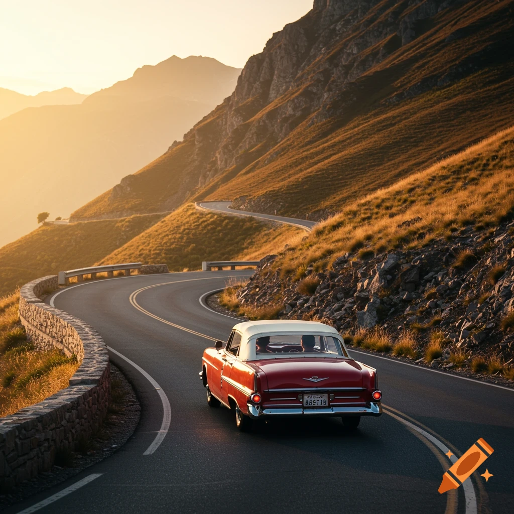 Red vintage convertible driving on winding mountain road at sunset