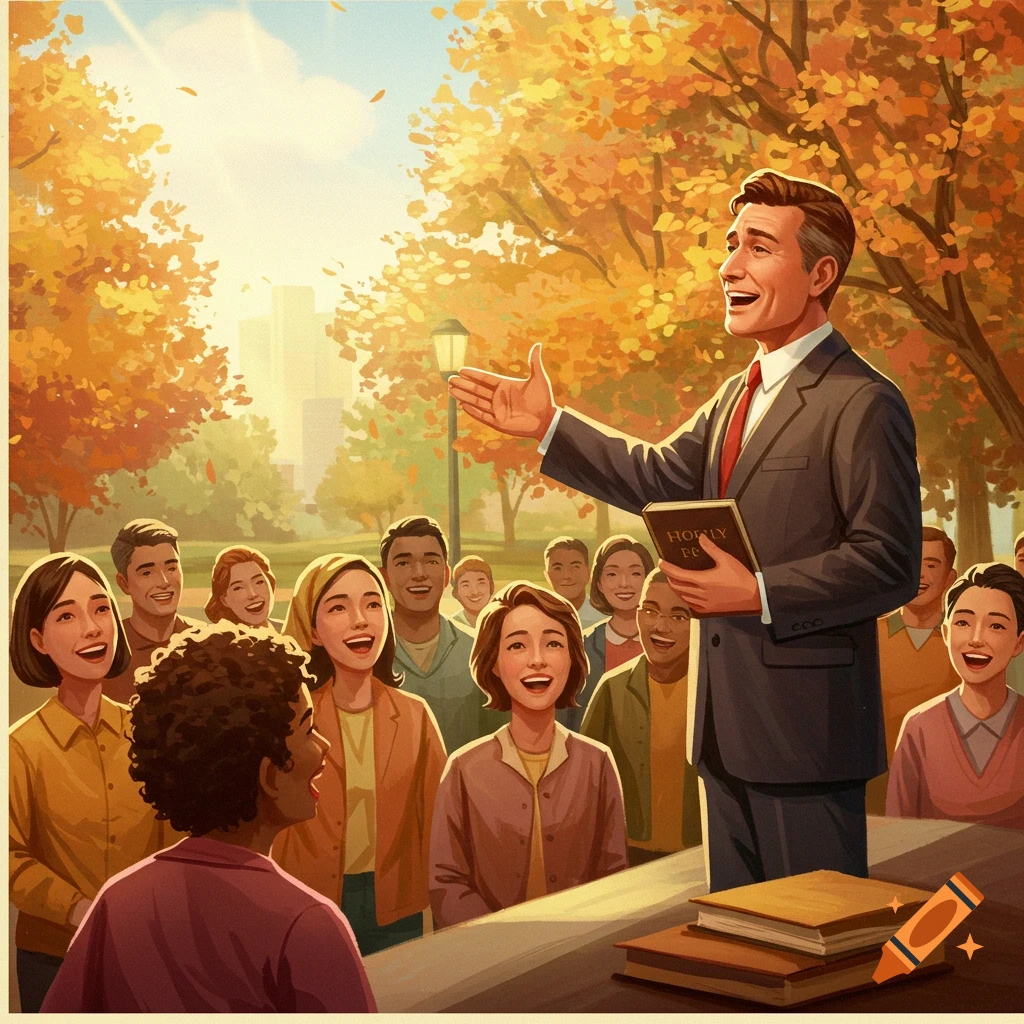 A man in a suit preaches outdoors to a smiling crowd under autumn trees, holding a book.