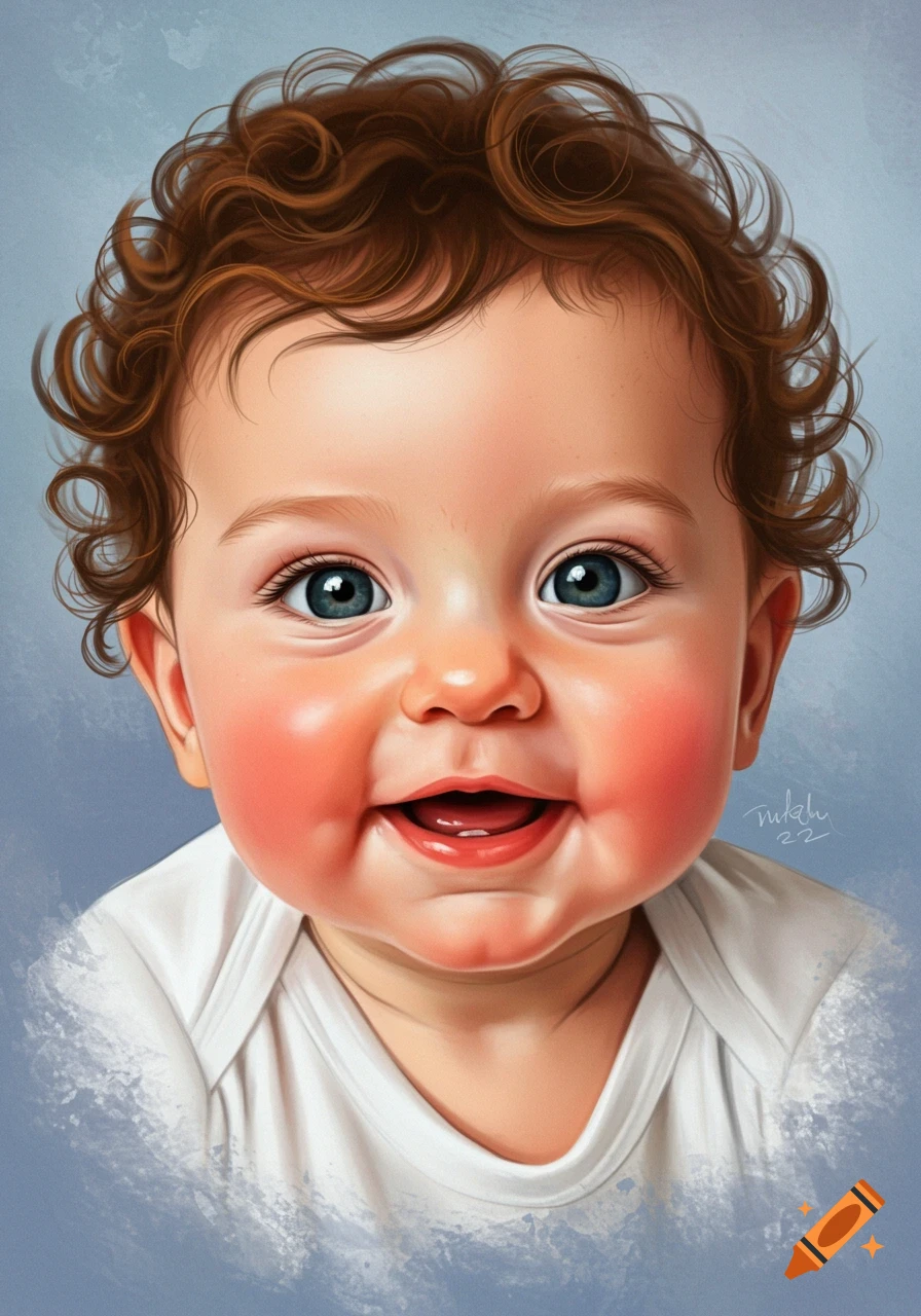 Close-up of a smiling baby with curly brown hair and blue eyes wearing a white onesie.