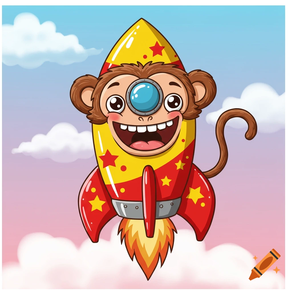 Cartoon monkey riding a rocket with a funny laughing face, flying in the sky.
