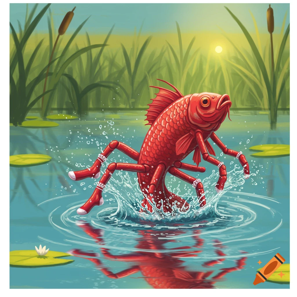 A red fish-like creature with legs and red socks splashes in a pond.