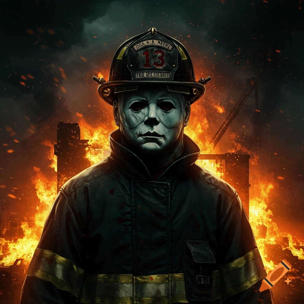 Michael Myers in a firefighter uniform stands in front of a burning city