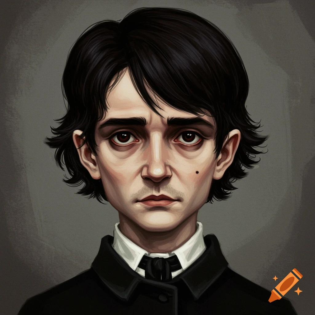 Portrait of a young boy with dark, messy hair covering his eyebrows, large ears, and a mole.