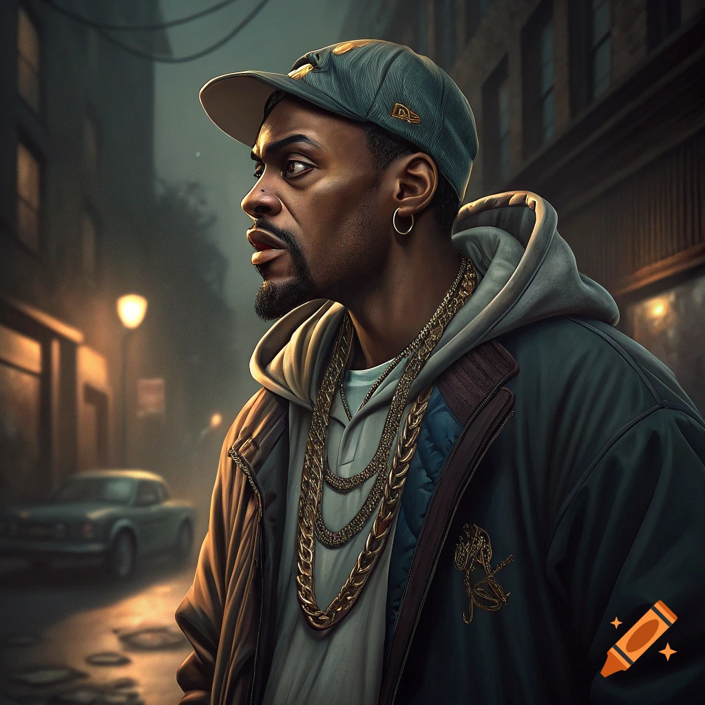 Portrait of a man dressed as a 90s rap gangster with gold chains and a cap in an urban street scene.