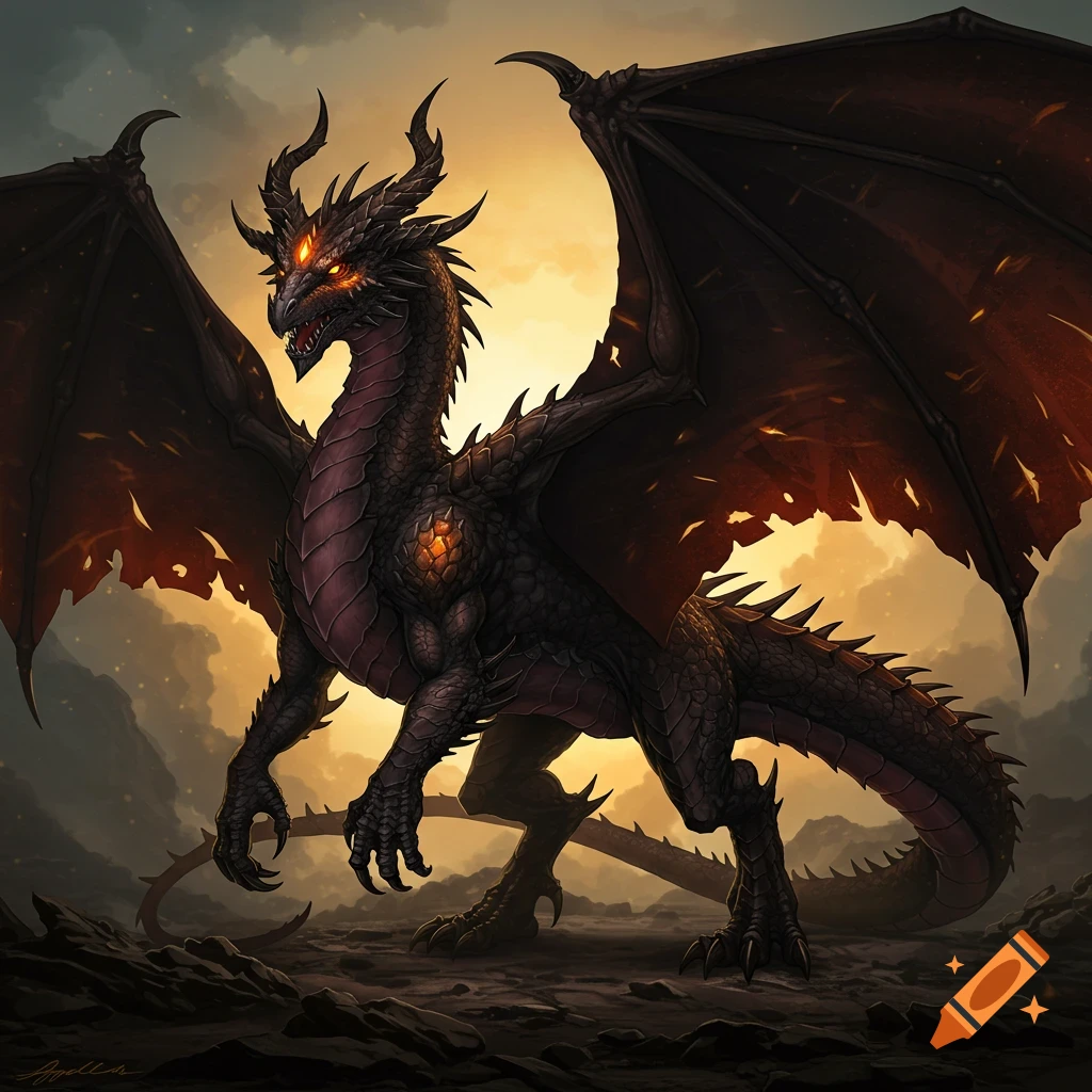 A powerful black dragon with glowing eyes and wings stands in a rocky landscape under a fiery sky.