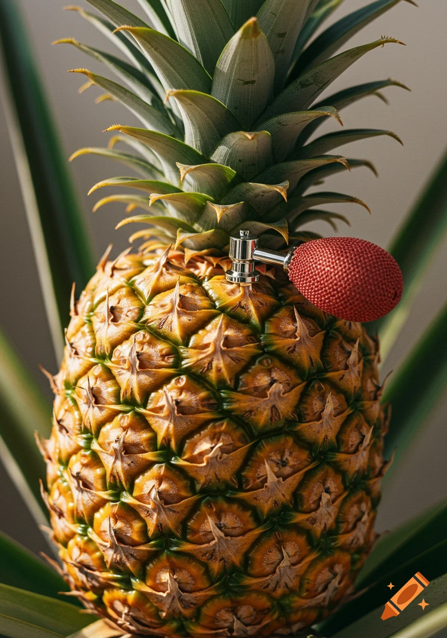 A detailed close-up photo of a pineapple with a red perfume atomizer inserted into its skin.