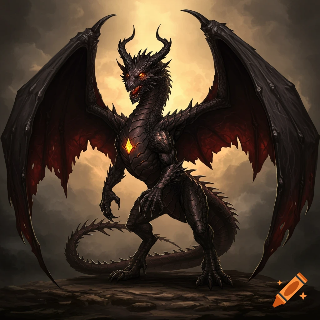 A black dragon with large wings and horns stands on rocks against a dramatic sky, digital art style.