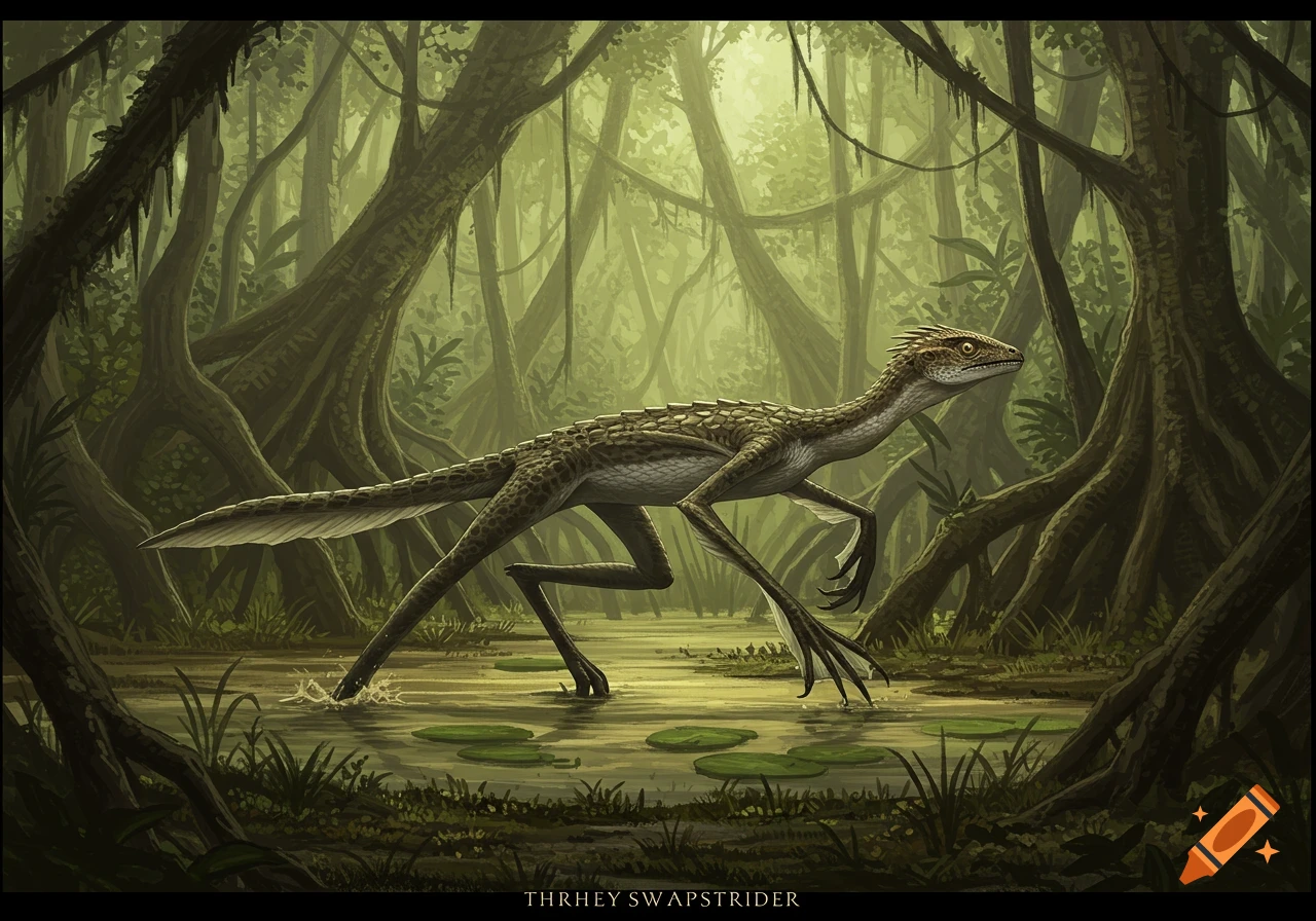 A long-legged fantasy creature walks through a swampy jungle.
