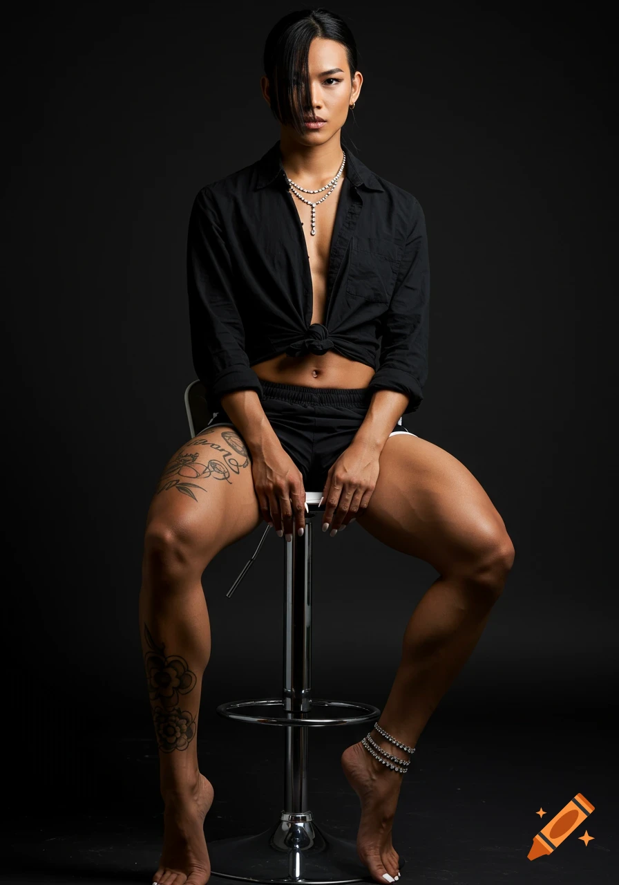 Person sits on a barstool in a studio wearing a black tied shirt, athletic shorts, tattoos, and jewelry.