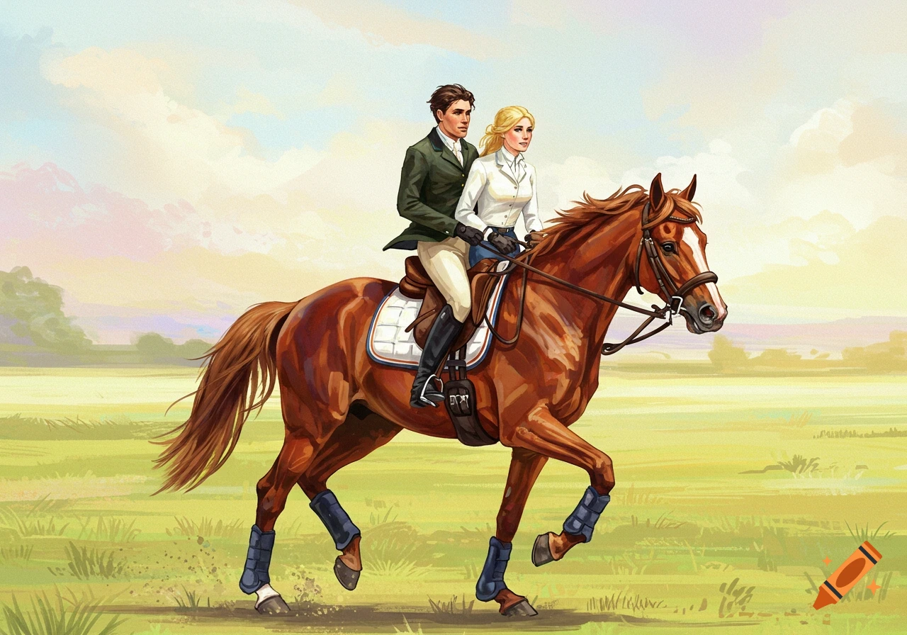 A man and a woman ride a galloping horse across a field.