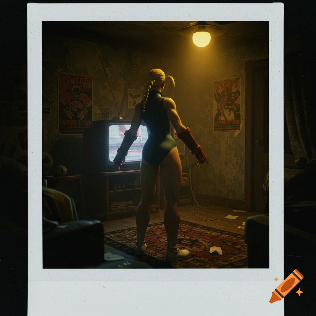 Polaroid photo of Cammy (Street Fighter) standing in a grungy bedroom watching a CRT television.