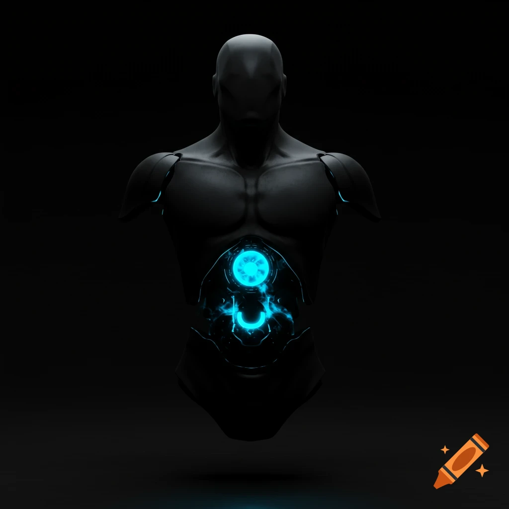 A dark futuristic robot torso with blue glowing internal components against a black background.