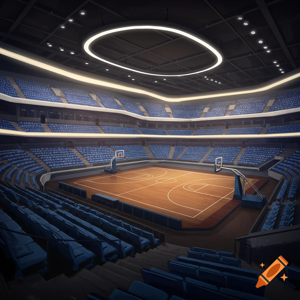 An empty basketball stadium with blue seats