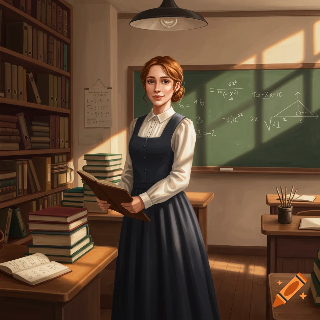 A young schoolmistress stands in a classroom holding a book, with a blackboard and bookshelves behind her.