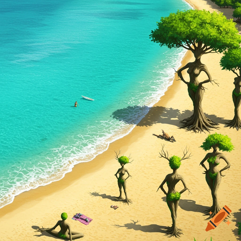 Surreal image of tree-people on a beach