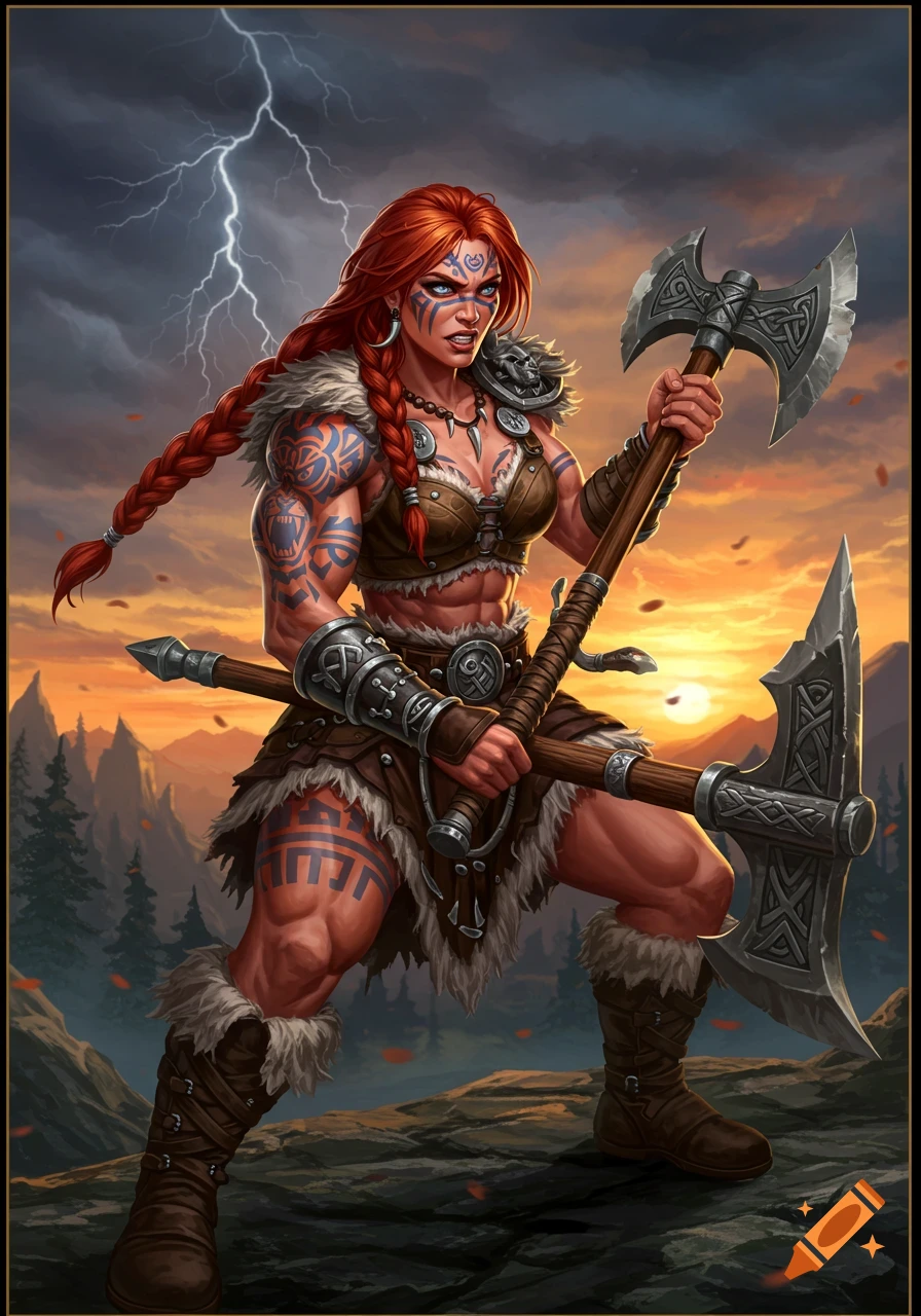 A female barbarian warrior holding an axe and spear against a sunset sky with lightning.