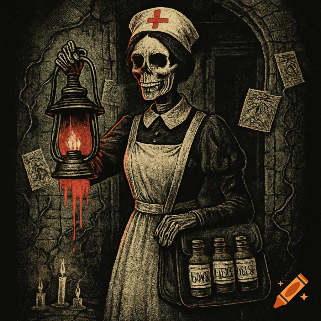A gothic skeletal nurse in a vintage uniform holds a dripping lantern in a dark hallway, vintage horror illustration.