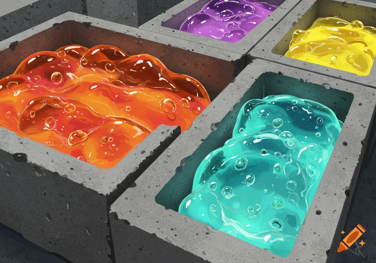 Concrete blocks filled with orange, purple, yellow, and teal gel