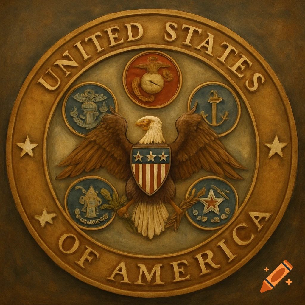 A U.S. military seal featuring an eagle and text "UNITED STATES OF AMERICA".