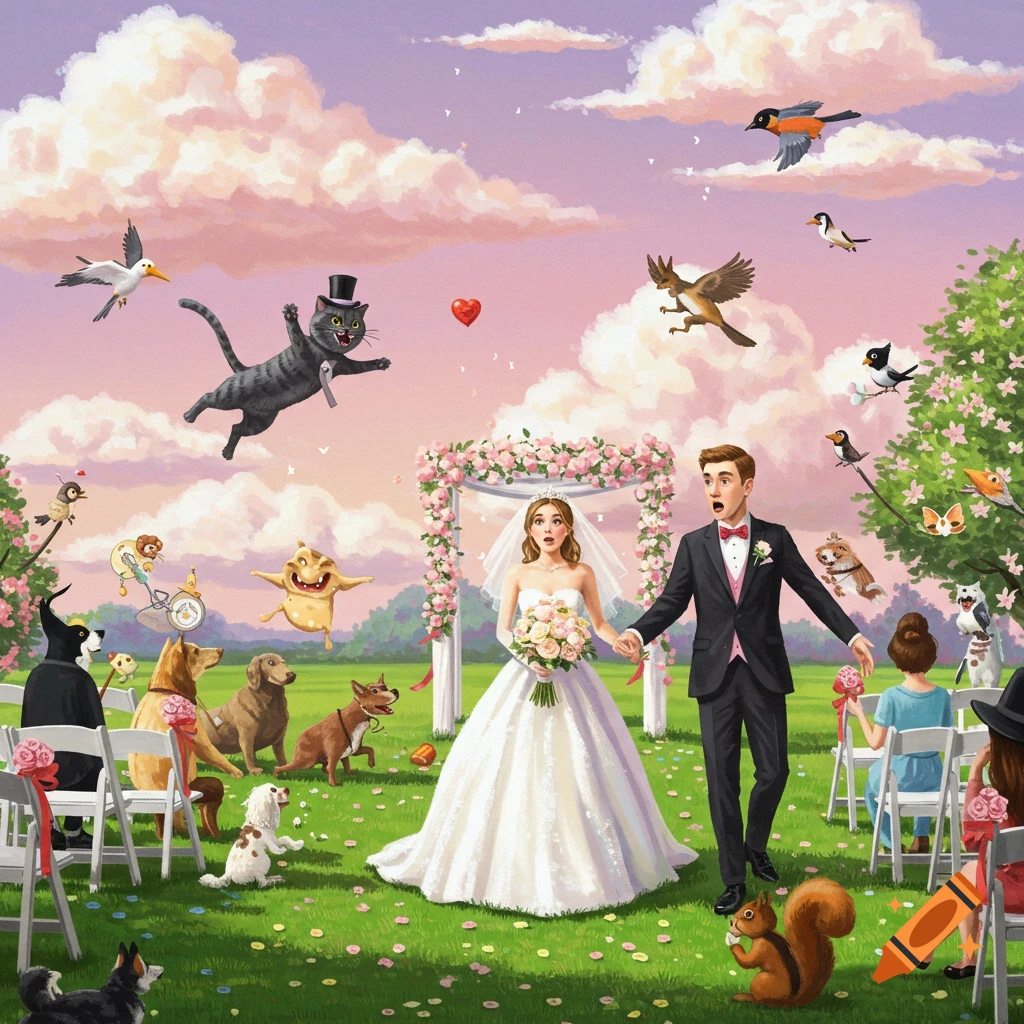 A cat in a top hat flies over a wedding ceremony with dogs and birds as guests.
