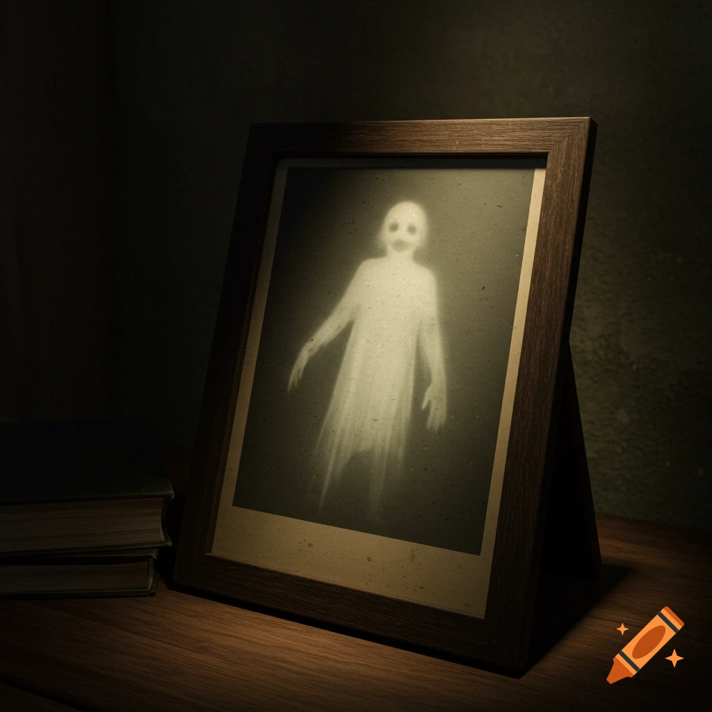 A framed photo showing a ghost, next to books on a table.