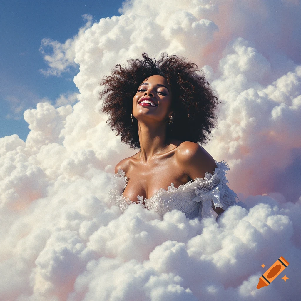 A smiling woman with curly hair and a white dress emerges from fluffy clouds against a blue sky.