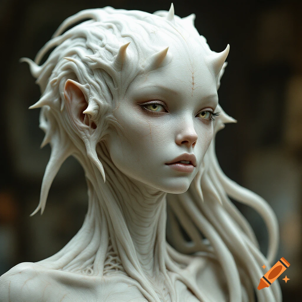 A close-up portrait of a pale fantasy creature with textured skin, horns, and pointed ears.