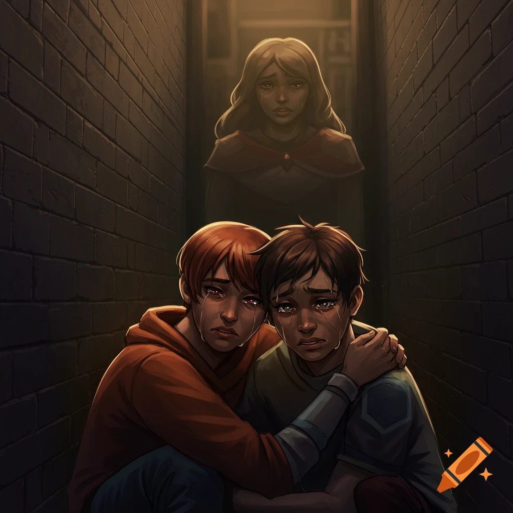 Two boys crying in a dark alley with a woman watching.