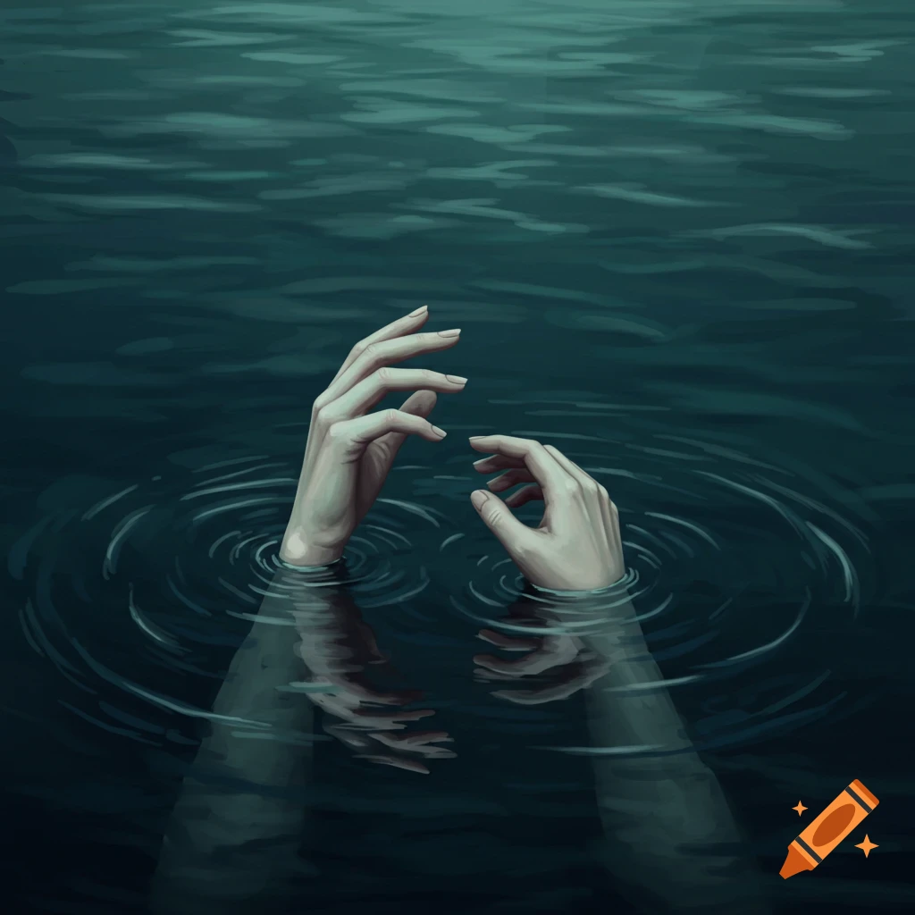 Hands reaching out of dark water creating ripples.
