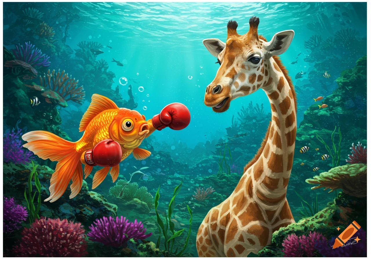 A goldfish wearing boxing gloves is confronting a giraffe underwater.