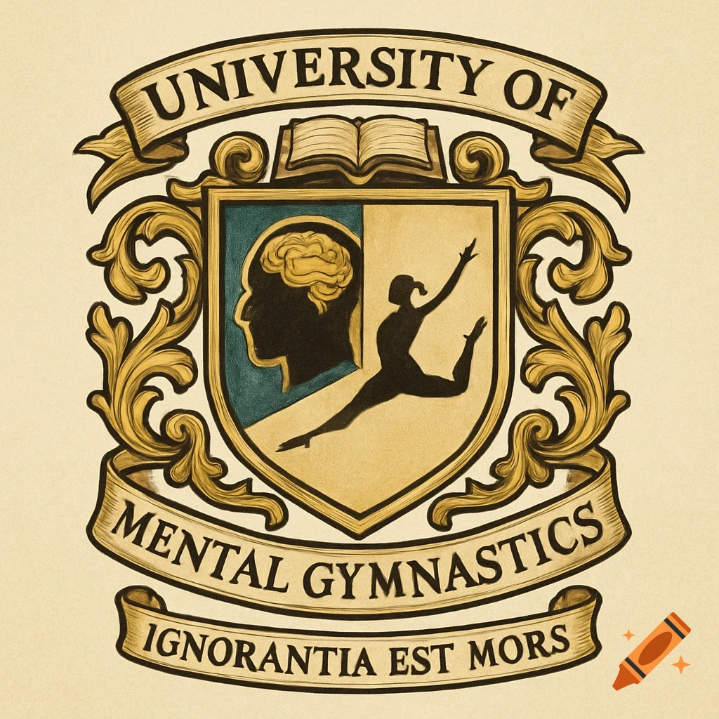Crest for the University of Mental Gymnastics with brain, gymnast, book, and quote 'Ignorantia est Mors' in an illustrated style.