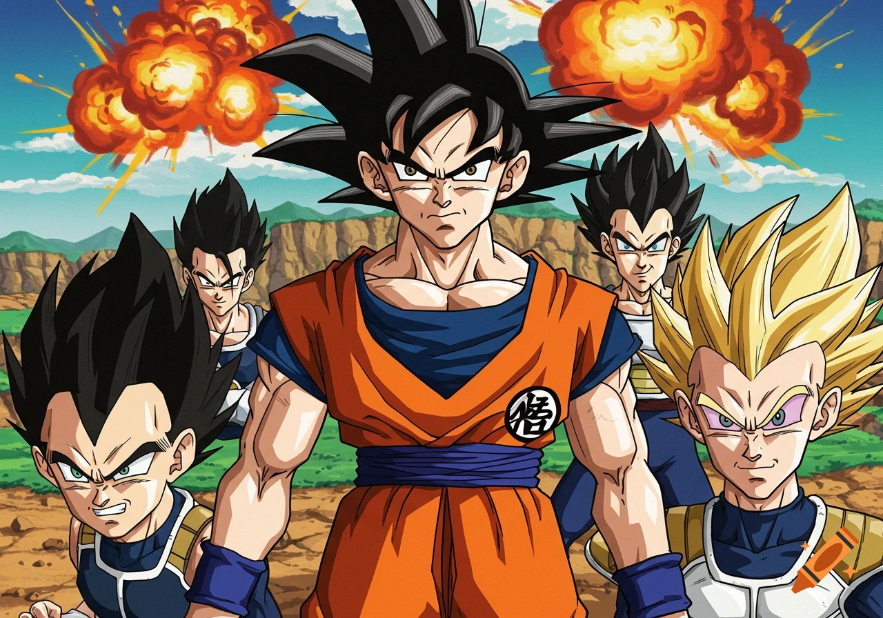 Dragon Ball Z characters stand with explosions in background, anime style.