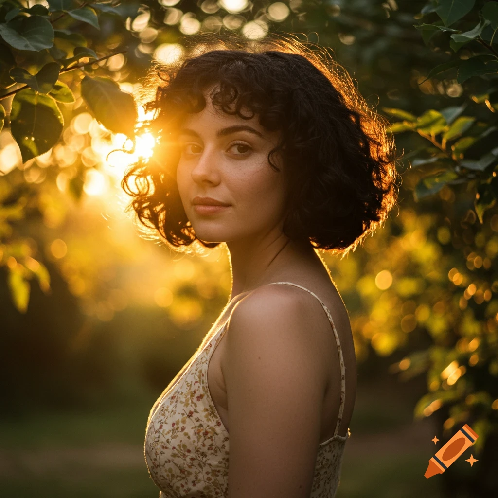 Photorealistic portrait of a woman with short curly hair, backlit by golden hour sun through trees.