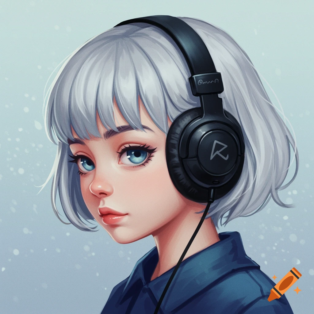 A portrait of a girl with short grey hair and blue eyes wearing black over-ear headphones.