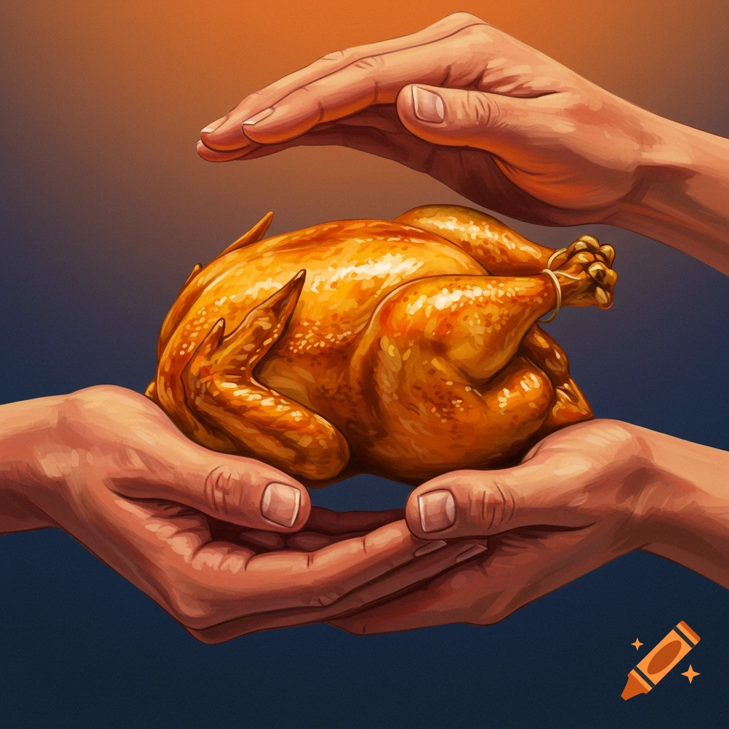Hands holding a roasted chicken.