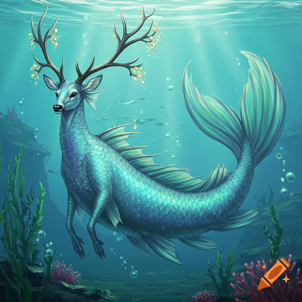 A mythical fish-deer hybrid with antlers swims in a deep blue underwater scene with plants and rocks.
