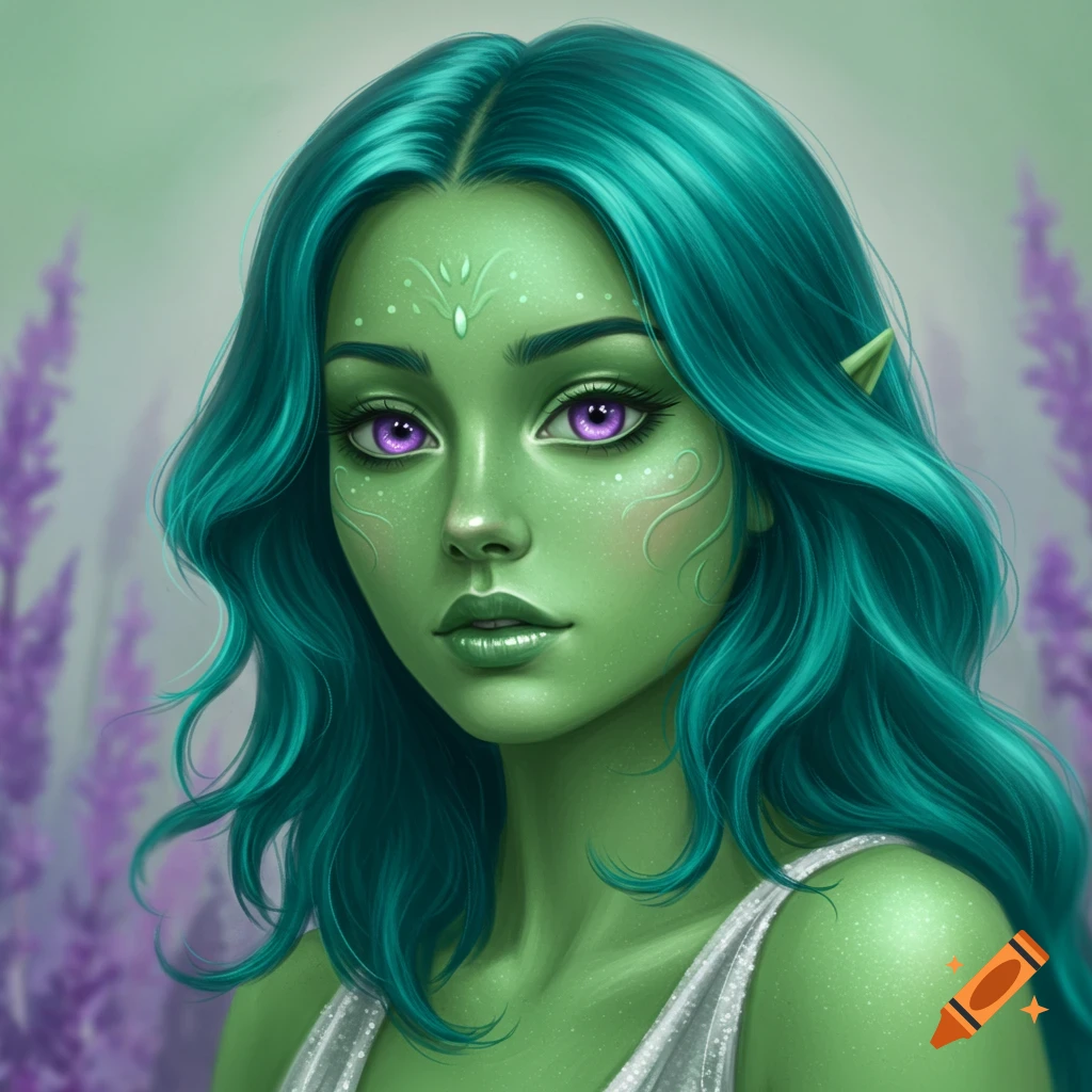 A fantasy woman with green skin, teal hair, and purple eyes.
